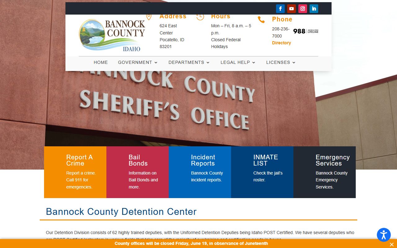 Bannock County Detention Center inmate lookup and facility information