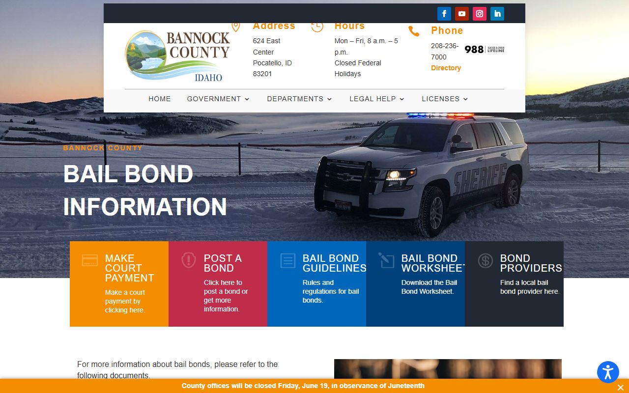 Bannock County bond rules for inmate release from detention